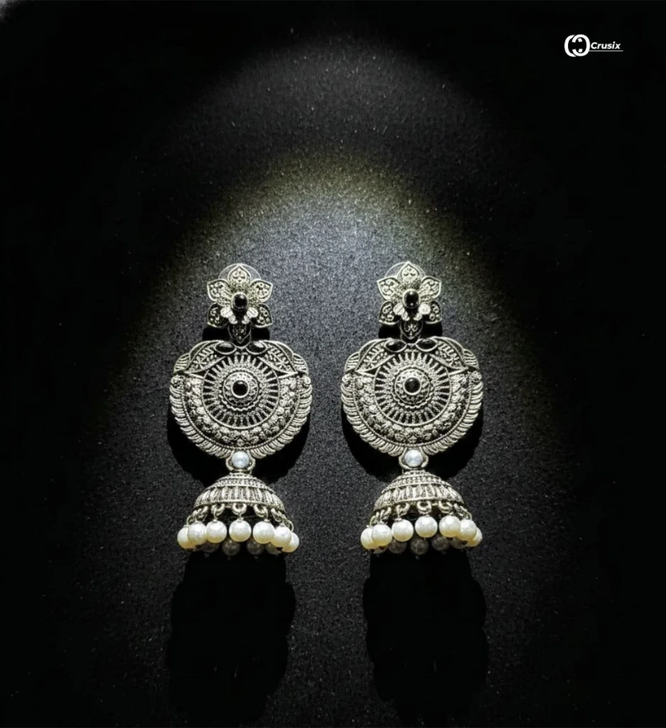 Antique Oxidized Silver Pearl Jhumka Earrings